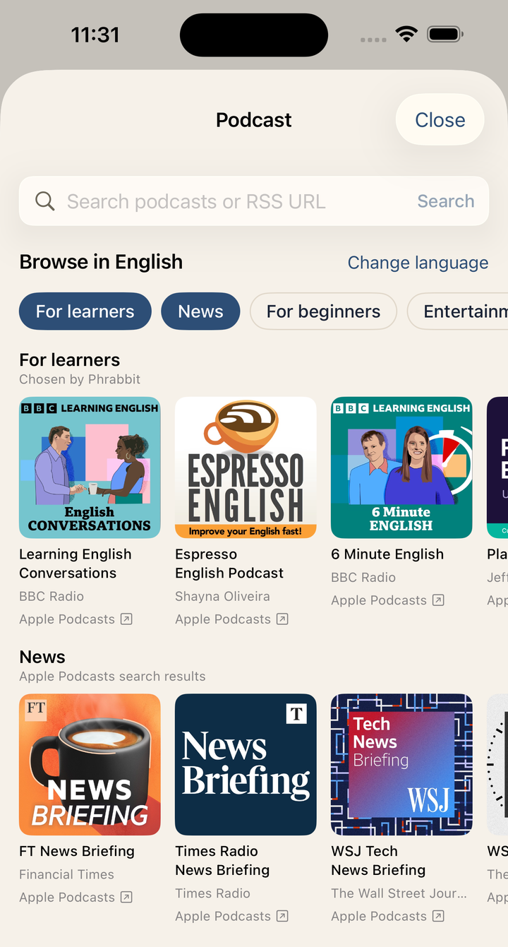 Browsing shows by language